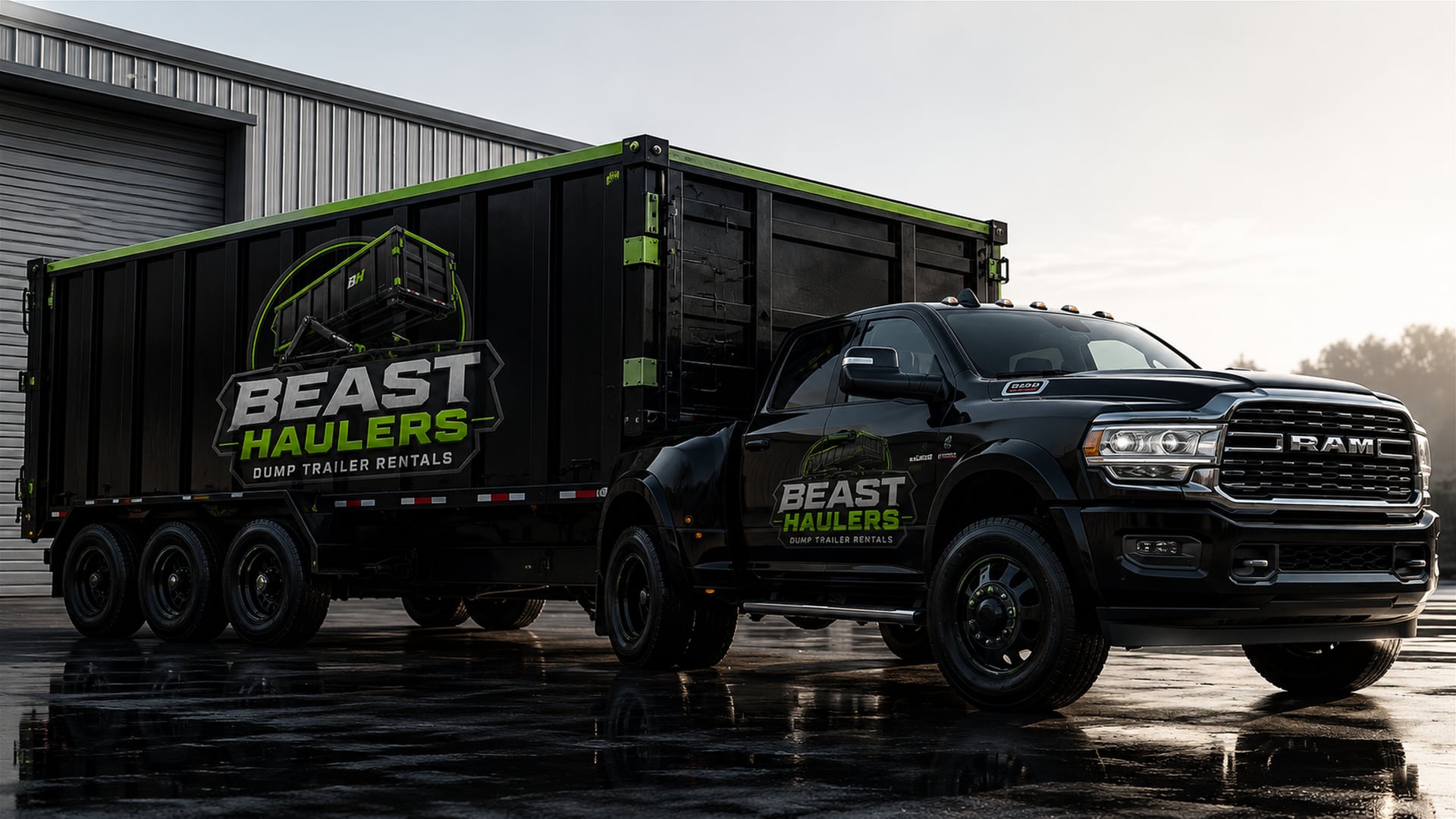 Black Beast Haulers truck and roll-off dump trailer on wet asphalt